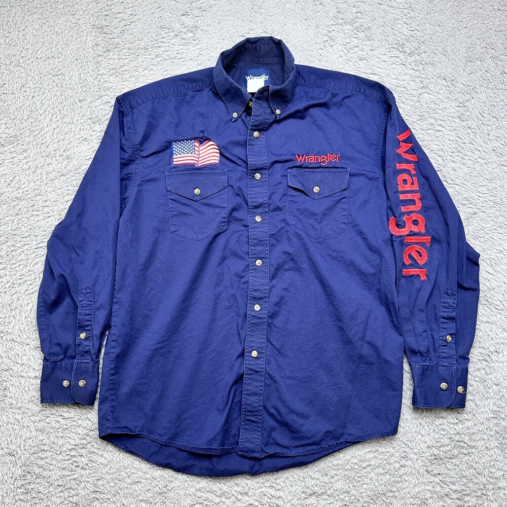 Vintage Wrangler Shirt Mens M Blue USA Flag Spell Out Button Long Sleeve